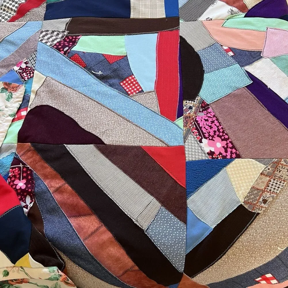 Vintage Crazy Quilt Patchwork Approx 80 X 94 Floral Back Mixed Media